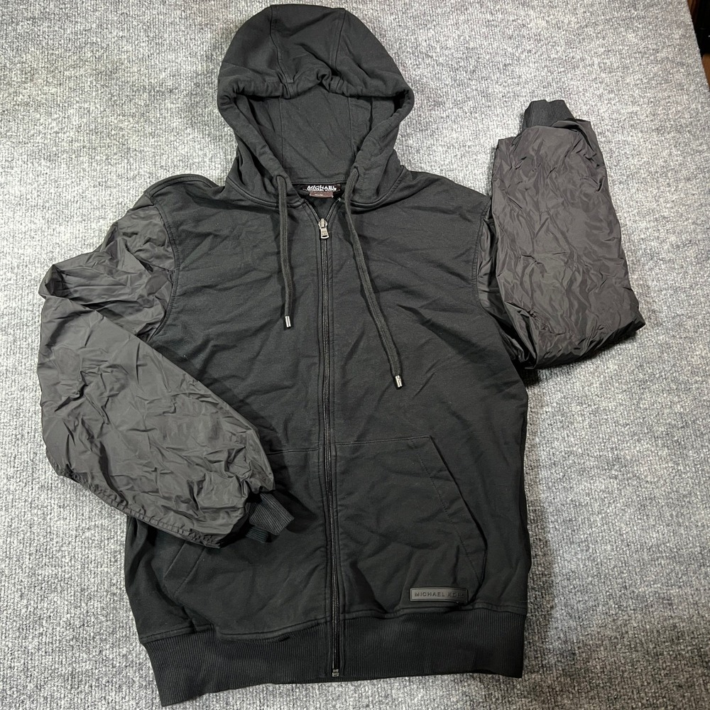 Michael Kors Mens Black Mixed Media Full Zip Hoodie Jacket Size M